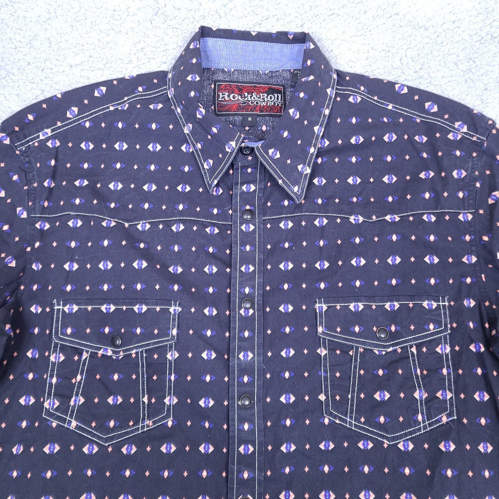 Rock & Roll Cowboy Shirt Mens Medium Black Aztec Western Pearl Snap Short Sleeve